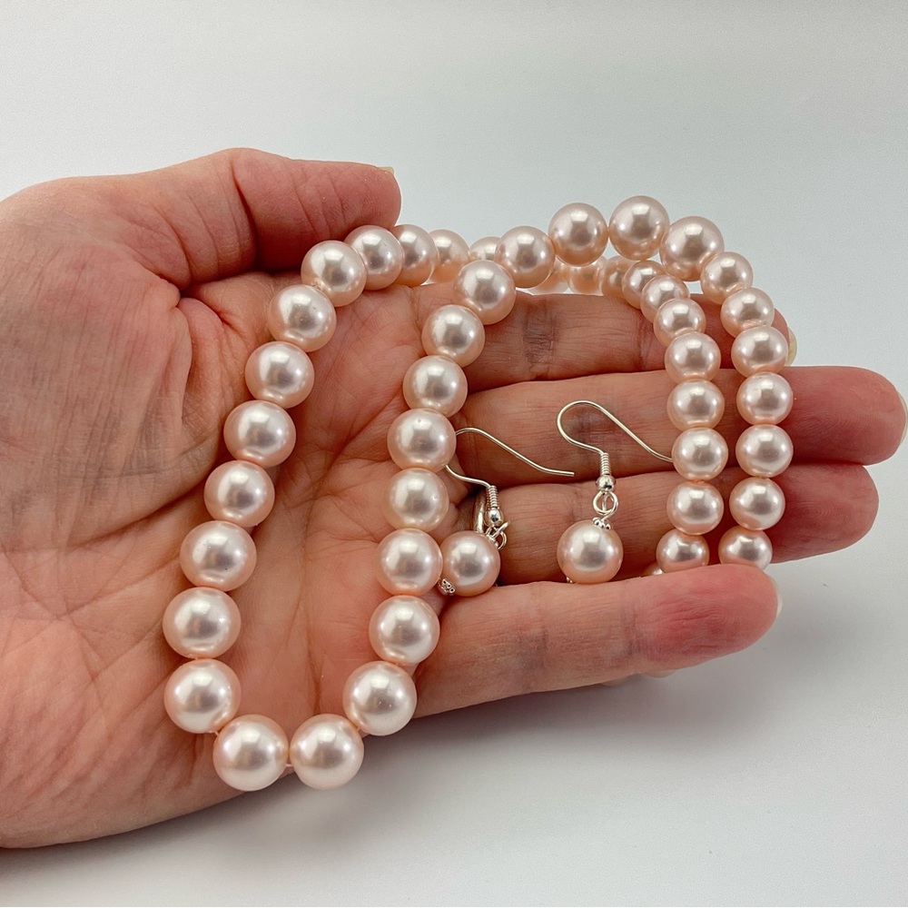 Light Pink Faux Pearl Necklace & Earring Set, Handmade, Pastel, Classic - Picture 10 of 14